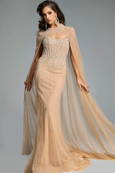 Front view of Jovani 45077 mother of the bride gown, a champagne sheath dress with a high neckline and dramatic floor-length cape.