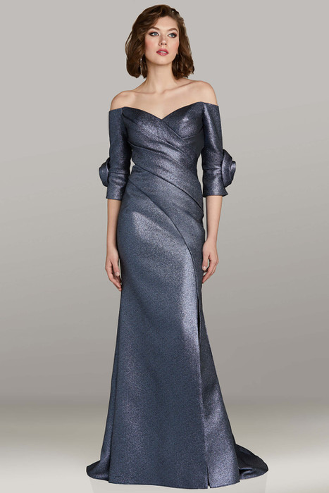 Feriani 12450 slate metallic jacquard gown with rosette 3/4 sleeves and off-the-shoulder neckline Feriani 12450 slate metallic jacquard gown with rosette 3/4 sleeves and off-the-shoulder neckline