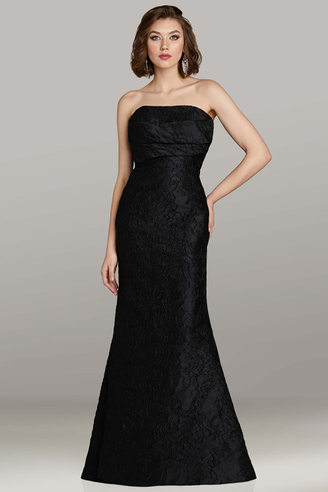 Feriani 12451 black strapless brocade gown with fit-and-flare silhouette and floral textured finish Feriani 12451 black strapless brocade gown with fit-and-flare silhouette and floral textured finish