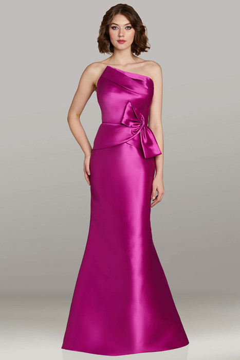 Feriani 12452 magenta satin mikado gown with strapless neckline, bow detail, and fit-and-flare silhouette Feriani 12452 magenta satin mikado gown with strapless neckline, bow detail, and fit-and-flare silhouette