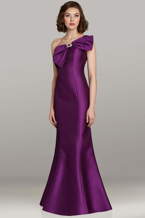 Feriani 12458 magenta satin mikado gown with fit-and-flare silhouette and one-shoulder bow neckline Feriani 12458 magenta satin mikado gown with fit-and-flare silhouette and one-shoulder bow neckline