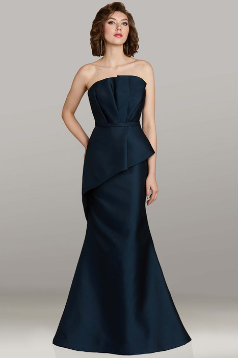 Feriani 12459 strapless mikado gown with pleated bodice and angled peplum detail Feriani 12459 strapless mikado gown with pleated bodice and angled peplum detail