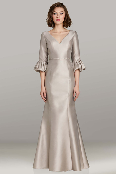 Feriani 12462 fit-and-flare satin gown in silver with V-neckline and gathered 3/4 sleeves Feriani 12462 fit-and-flare satin gown in silver with V-neckline and gathered 3/4 sleeves