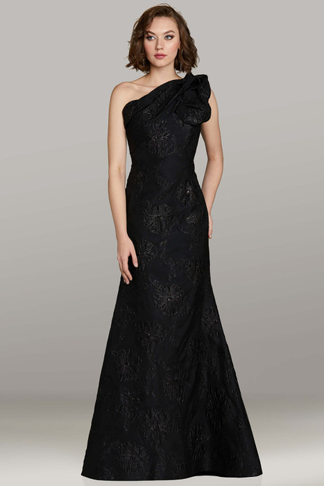 Feriani 12489 black jacquard gown with fit-and-flare silhouette and one-shoulder floral strap detail Feriani 12489 black jacquard gown with fit-and-flare silhouette and one-shoulder floral strap detail