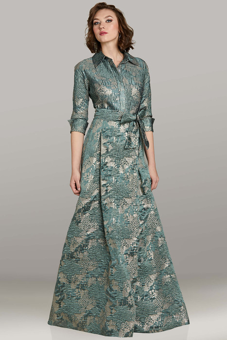 Feriani 18426 sage jacquard A-line gown with shirt collar neckline, 3/4 sleeves, and waist tie Feriani 18426 sage jacquard A-line gown with shirt collar neckline, 3/4 sleeves, and waist tie
