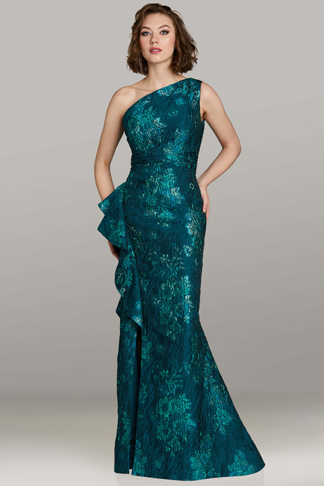 Feriani 18443 one-shoulder teal jacquard gown with floral texture and side ruffle detail Feriani 18443 one-shoulder teal jacquard gown with floral texture and side ruffle detail
