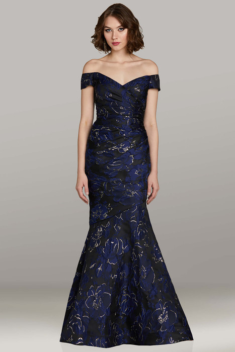 Feriani 18465 navy floral brocade fit-and-flare gown with off-the-shoulder neckline and sweetheart bodice Feriani 18465 navy floral brocade fit-and-flare gown with off-the-shoulder neckline and sweetheart bodice
