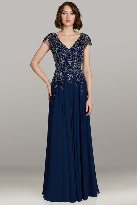 Feriani 18471 navy gown with A-line chiffon skirt, V-neckline, and embroidered beaded bodice Feriani 18471 navy gown with A-line chiffon skirt, V-neckline, and embroidered beaded bodice