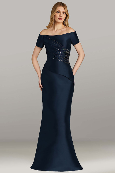 Feriani 18480 long navy mikado column gown with off-the-shoulder neckline and sequin detail across bodice Feriani 18480 long navy mikado column gown with off-the-shoulder neckline and sequin detail across bodice