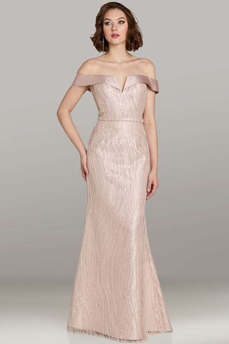 Feriani 18491 blush beaded mesh fit‑and‑flare gown with satin off‑shoulder neckline and waist detail Feriani 18491 blush beaded mesh fit‑and‑flare gown with satin off‑shoulder neckline and waist detail
