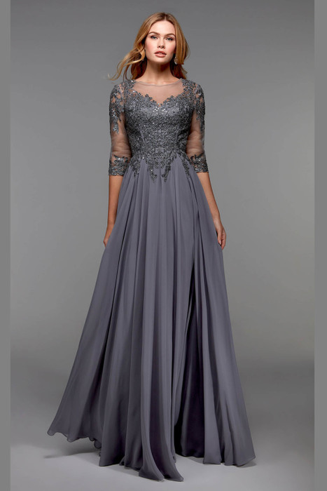 Front view of Alyce Paris MOB gown 27474 in Stone showing illusion neckline and flowing A‑line chiffon‑lace silhouette Front view of Alyce Paris MOB gown 27474 in Stone showing illusion neckline and flowing A‑line chiffon‑lace silhouette