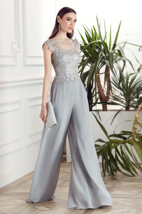 Front view of Alyce Paris MOB jumpsuit 27488 in Silver with illusion beaded bodice and wide-leg chiffon‑lace pants Front view of Alyce Paris MOB jumpsuit 27488 in Silver with illusion beaded bodice and wide-leg chiffon‑lace pants
