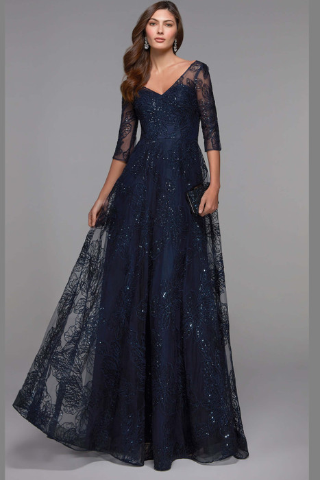 Front view of Alyce Paris MOB gown 27494 in navy showing illusion V-neck and A‑line lace skirt Front view of Alyce Paris MOB gown 27494 in navy showing illusion V-neck and A‑line lace skirt