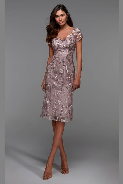 Front view of short Alyce Paris MOB gown 27534 in rosewood sequin lace with V-neck sheath design Front view of short Alyce Paris MOB gown 27534 in rosewood sequin lace with V-neck sheath design