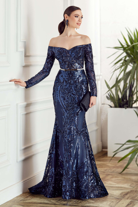 Sequin fit‑and‑flare off‑shoulder MOB gown 27544 in navy with long sleeves and sweep train Sequin fit‑and‑flare off‑shoulder MOB gown 27544 in navy with long sleeves and sweep train