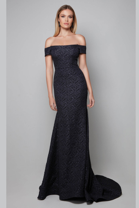 Front view of off-the-shoulder fit-and-flare Mother of the Bride gown in navy jacquard with subtle shine Front view of off-the-shoulder fit-and-flare Mother of the Bride gown in navy jacquard with subtle shine