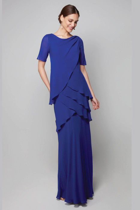 Front view of Alyce Paris MOB gown 27593 in Royal with layered chiffon tiers and scoop neckline Front view of Alyce Paris MOB gown 27593 in Royal with layered chiffon tiers and scoop neckline