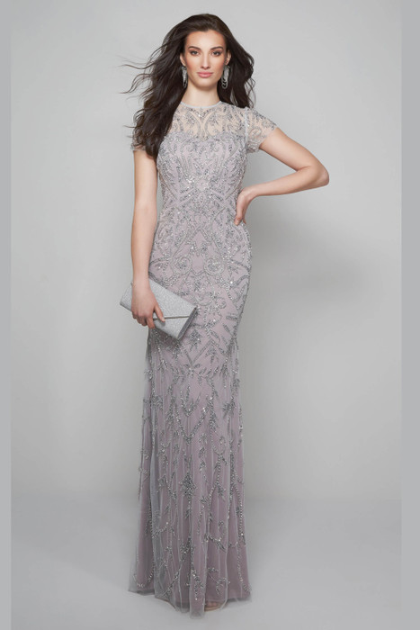 Front view of Alyce Paris MOB gown 27607 in lilac silver with illusion neckline and allover beadwork Front view of Alyce Paris MOB gown 27607 in lilac silver with illusion neckline and allover beadwork