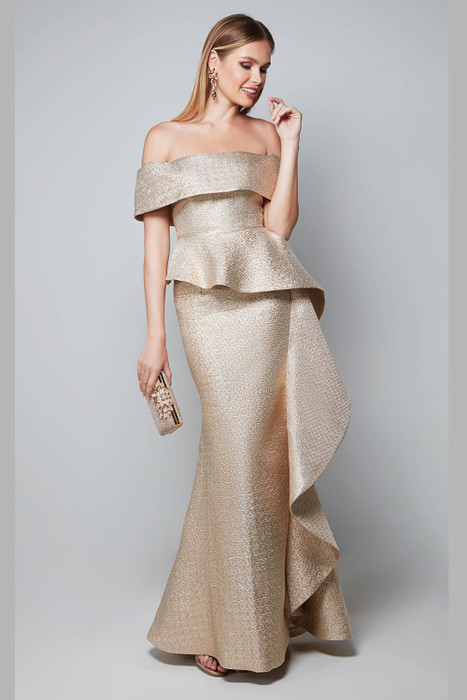 Front view of Alyce Paris MOB gown 27612 in gold jacquard with off-shoulder neckline and peplum waist Front view of Alyce Paris MOB gown 27612 in gold jacquard with off-shoulder neckline and peplum waist