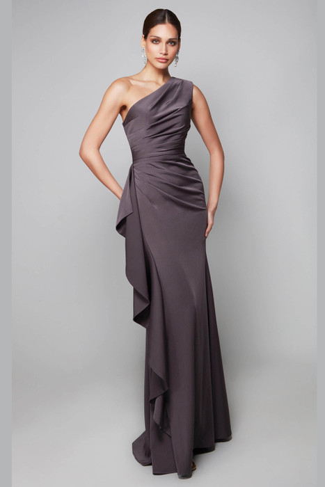 Front view of Alyce Paris fitted MOB gown 27624 in charcoal with one-shoulder neckline and pleated waist Front view of Alyce Paris fitted MOB gown 27624 in charcoal with one-shoulder neckline and pleated waist