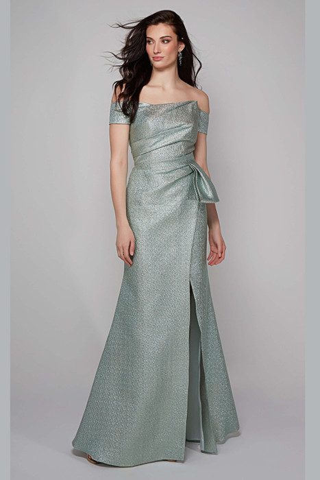 Front view of Alyce Paris MOB gown 27639 in seafoam jacquard with off-shoulder neckline and bow detail Front view of Alyce Paris MOB gown 27639 in seafoam jacquard with off-shoulder neckline and bow detail