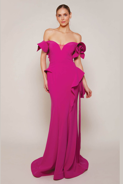 Front view of Alyce Paris fit-and-flare MOB gown 27643 with off-shoulder neckline and ruffle sleeves Front view of Alyce Paris fit-and-flare MOB gown 27643 with off-shoulder neckline and ruffle sleeves