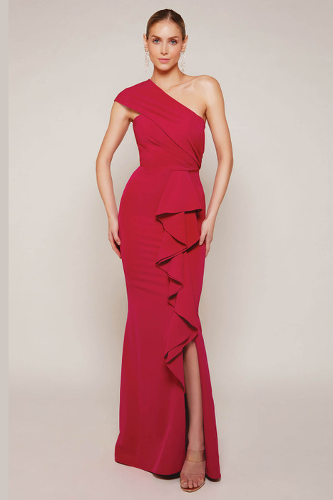 Front view of Alyce Paris fitted MOB gown 27646 with ruffled slit and one-shoulder neckline Front view of Alyce Paris fitted MOB gown 27646 with ruffled slit and one-shoulder neckline