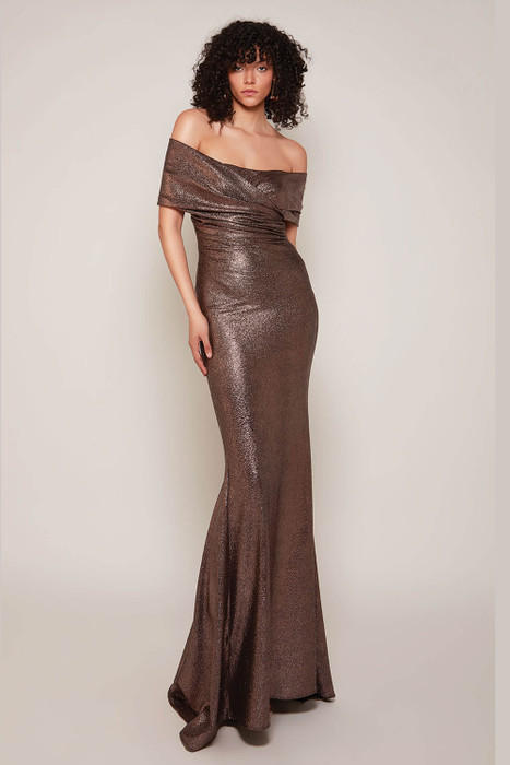 Front view of Alyce Paris fit-and-flare MOB gown 27666 in copper metallic with off-shoulder neckline Front view of Alyce Paris fit-and-flare MOB gown 27666 in copper metallic with off-shoulder neckline