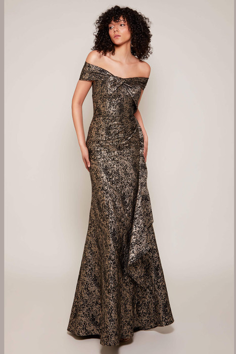 Front view of Alyce Paris fit-and-flare MOB gown 27667 in gold-black jacquard with off-shoulder neckline Front view of Alyce Paris fit-and-flare MOB gown 27667 in gold-black jacquard with off-shoulder neckline
