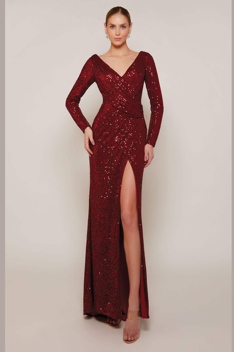 Front view of Alyce Paris sheath MOB gown 27688 in sequin fabric with long sleeves and slit Front view of Alyce Paris sheath MOB gown 27688 in sequin fabric with long sleeves and slit