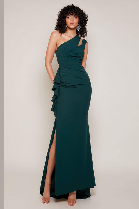 Front view of Alyce Paris fitted MOB gown 27689 with one-shoulder neckline and slit Front view of Alyce Paris fitted MOB gown 27689 with one-shoulder neckline and slit