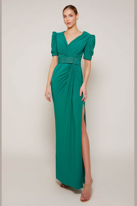 Front view of Alyce Paris sheath MOB gown 27690 with ruched puff sleeves and beaded waistband Front view of Alyce Paris sheath MOB gown 27690 with ruched puff sleeves and beaded waistband