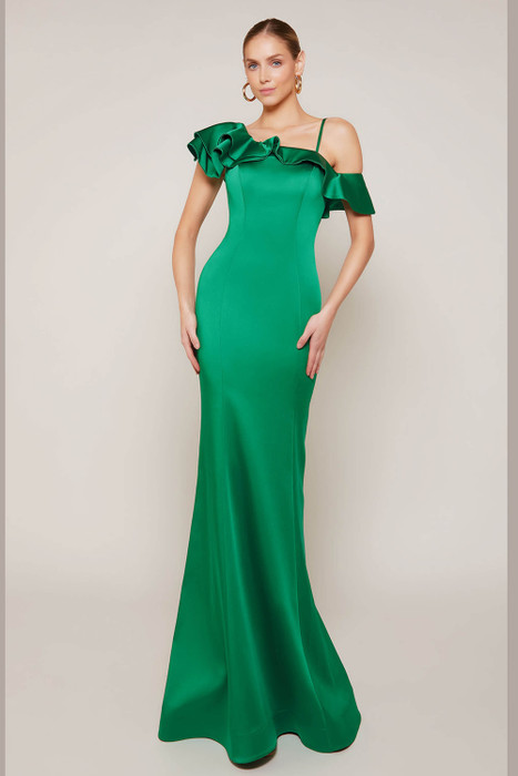 Front view of Alyce Paris fit-and-flare MOB gown 27691 with sculptural neckline and shoulder straps Front view of Alyce Paris fit-and-flare MOB gown 27691 with sculptural neckline and shoulder straps