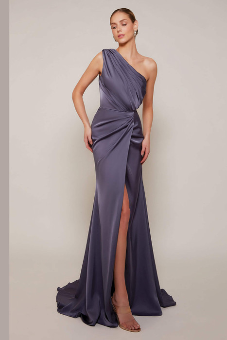 Front view of Alyce Paris sheath MOB gown 27697 with one-shoulder neckline and draped slit Front view of Alyce Paris sheath MOB gown 27697 with one-shoulder neckline and draped slit
