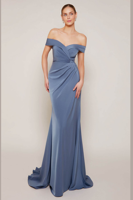 Front view of fit-and-flare gown with off-shoulder neckline in French Blue Front view of fit-and-flare gown with off-shoulder neckline in French Blue
