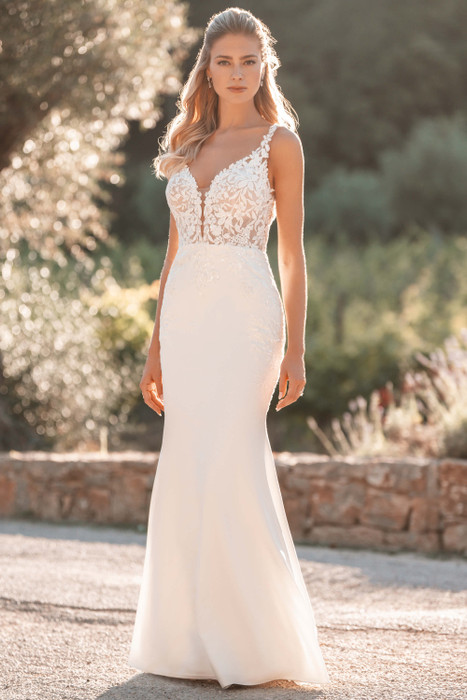 Allure Bridals A1305 front—illusion lace bodice with deep V-neckline and sleek sheath skirt Allure Bridals A1305 front—illusion lace bodice with deep V-neckline and sleek sheath skirt