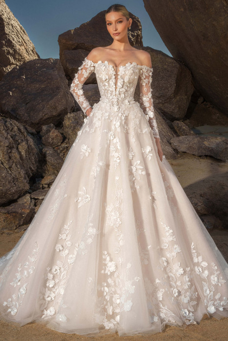 Front view of Kitty Chen Catalina ballgown with sweetheart neckline, long sleeves, and floral lace details Front view of Kitty Chen Catalina ballgown with sweetheart neckline, long sleeves, and floral lace details