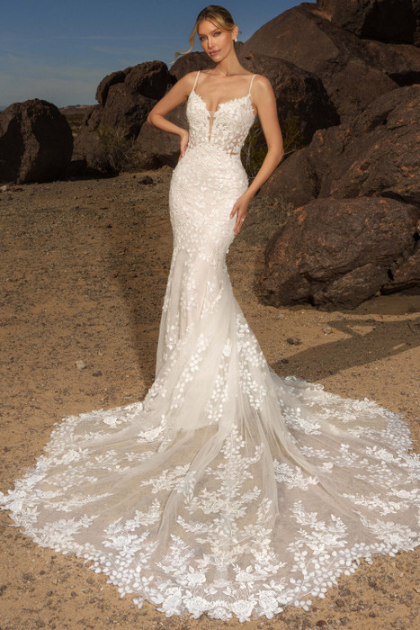 Front view of Kitty Chen Drew fit-and-flare gown with plunging sweetheart neckline and lace appliques Front view of Kitty Chen Drew fit-and-flare gown with plunging sweetheart neckline and lace appliques