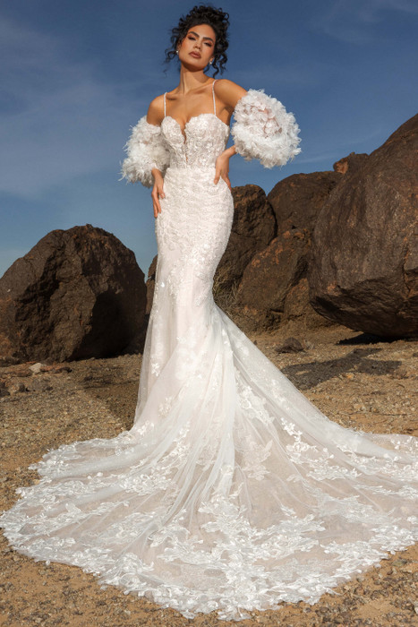 Front view of Kitty Chen Emma fit-and-flare gown with sweetheart neckline, puff sleeves, and long lace train Front view of Kitty Chen Emma fit-and-flare gown with sweetheart neckline, puff sleeves, and long lace train