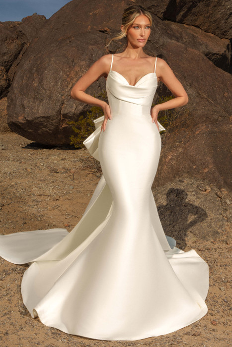 Front view of Kitty Chen JoJo fit-and-flare gown with draped sweetheart neckline and spaghetti straps Front view of Kitty Chen JoJo fit-and-flare gown with draped sweetheart neckline and spaghetti straps