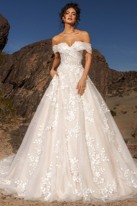 Front view of Kitty Chen Kyla ballgown with sweetheart off-shoulder neckline and lace appliques Front view of Kitty Chen Kyla ballgown with sweetheart off-shoulder neckline and lace appliques