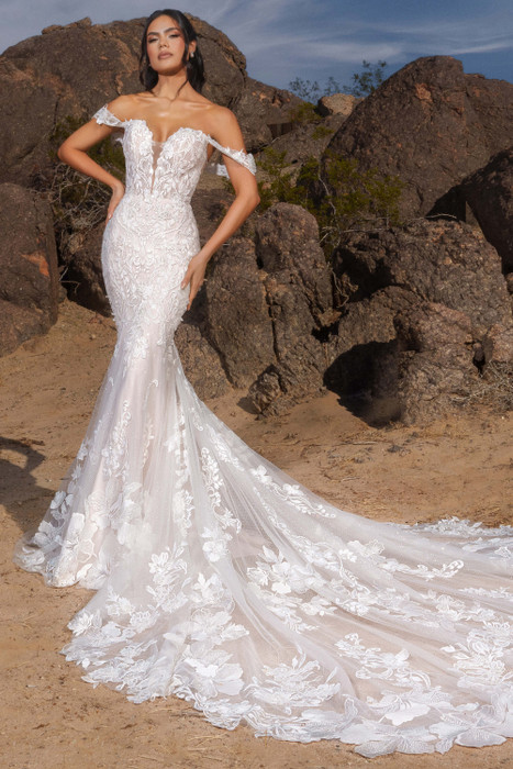 Front view of Kitty Chen Ladianna fit-and-flare gown with off-the-shoulder sweetheart neckline and long train Front view of Kitty Chen Ladianna fit-and-flare gown with off-the-shoulder sweetheart neckline and long train
