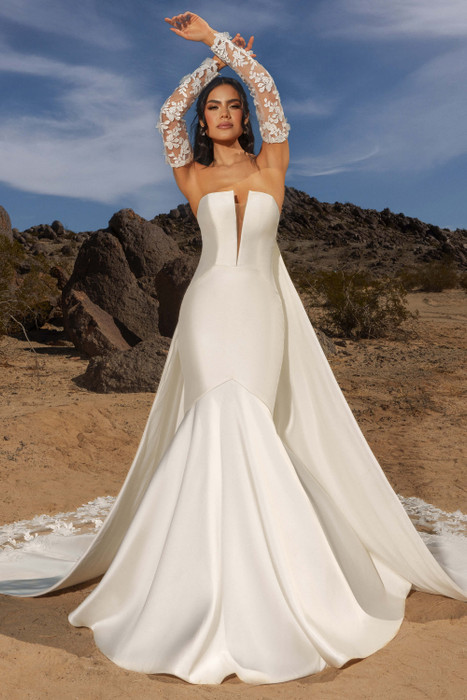 Front view of Kitty Chen Oriana mermaid gown with strapless neckline and mikado fabric Front view of Kitty Chen Oriana mermaid gown with strapless neckline and mikado fabric