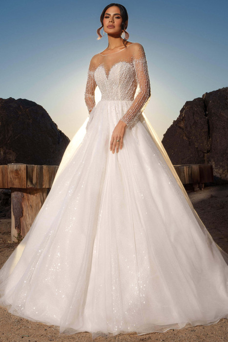 Front view of Kitty Chen Pearl ballgown with illusion sweetheart neckline and sparkle tulle skirt Front view of Kitty Chen Pearl ballgown with illusion sweetheart neckline and sparkle tulle skirt