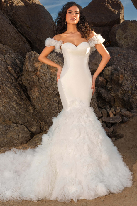 Front view of Kitty Chen Windsor mermaid gown with sweetheart neckline and ruffle skirt Front view of Kitty Chen Windsor mermaid gown with sweetheart neckline and ruffle skirt