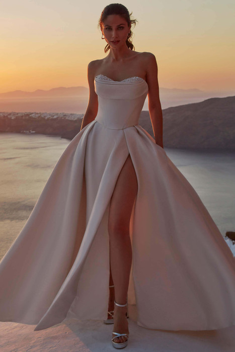 Front view of Florrie by Madison James, strapless satin ball gown with thigh slit. Front view of Florrie by Madison James, strapless satin ball gown with thigh slit.