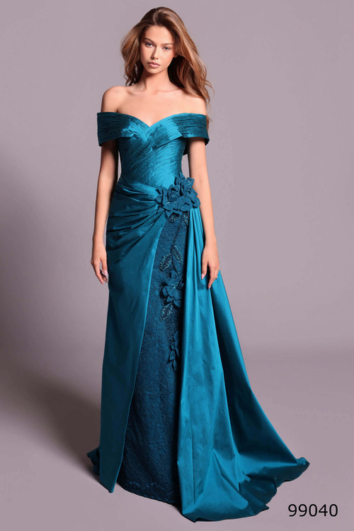 Front view of turquoise Tarik Ediz Antonya taffeta gown