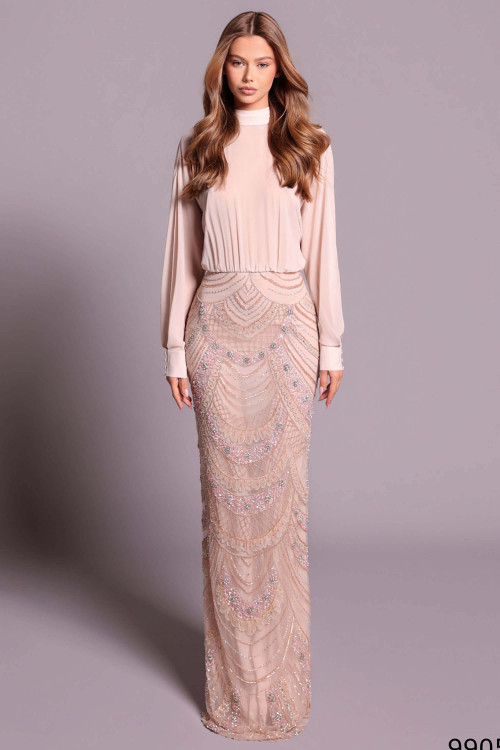 Front view of stone Tarik Ediz Mahonia beaded mother gown