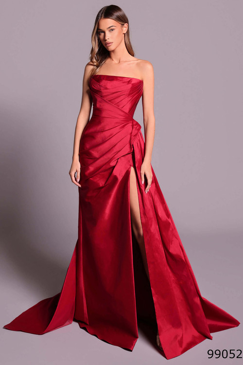Front view of wine Tarik Ediz Madrona taffeta mother gown