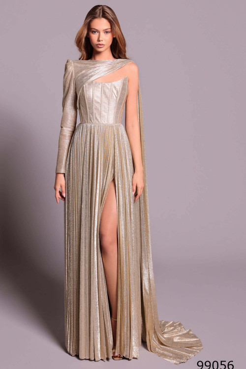 Front view of gold Tarik Ediz Desita silky foil mother gown